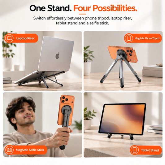 4-in-1 MagSafe Stand – Laptop Riser, Phone, Tablet & Selfie Stick