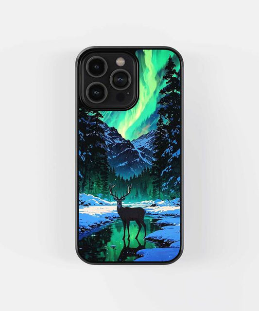 Deer At Northern Lights Glass Case