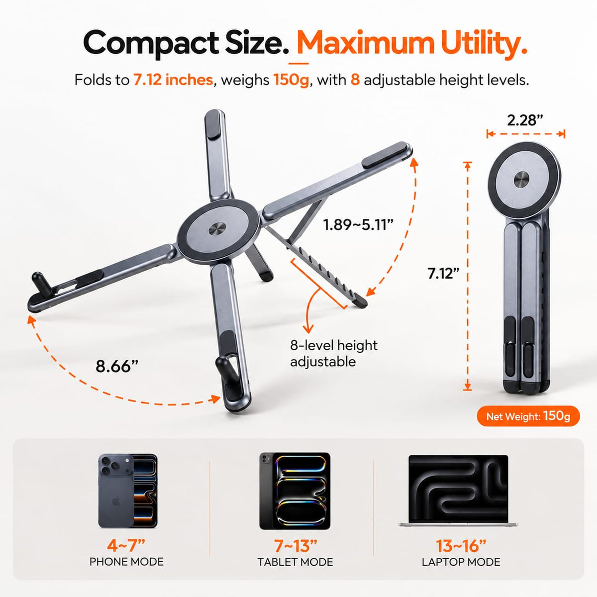 4-in-1 MagSafe Stand – Laptop Riser, Phone, Tablet & Selfie Stick