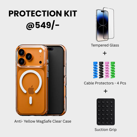 Anti-Yellow MagSafe Clear Case + Suction Grip + Tempered Glass + Cable Protectors-4 pcs